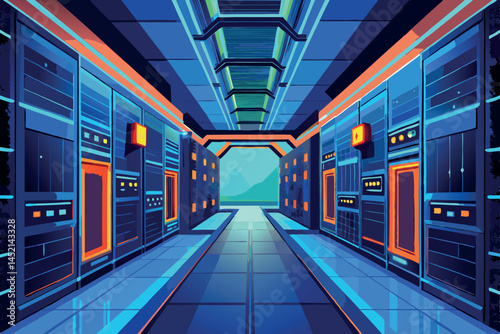 Server room with bright glowing lights, technology hub and digital data storage, high tech futuristic design of modern data center