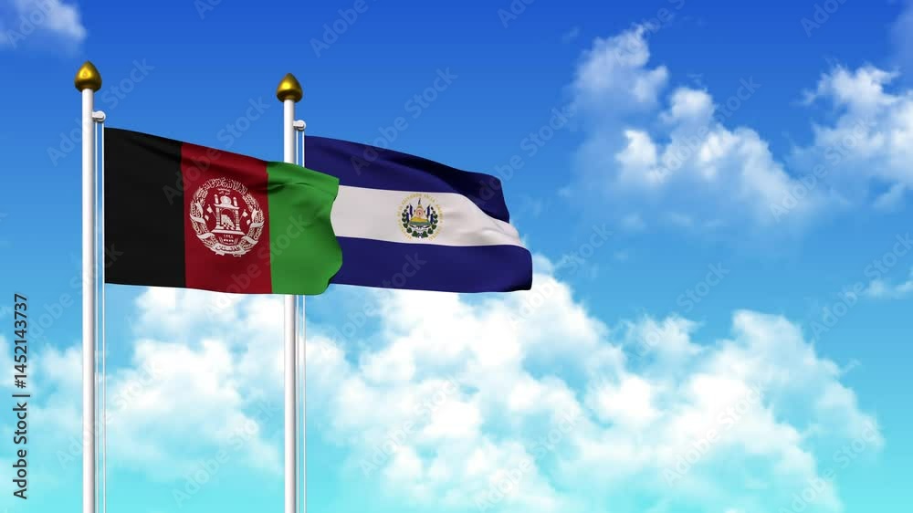 Waving flags of AFGHANISTAN and EL SALVADOR on pole included with alpha channel Waving flags of AFGHANISTAN and EL SALVADOR on pole included with alpha channel
