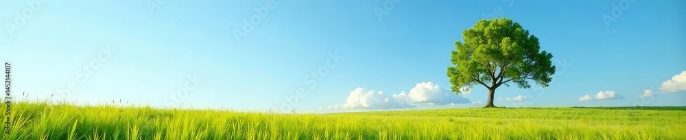 Single tree in a field of tall grasses with blue sky above, texture, foliage Single tree in a field of tall grasses with blue sky above, texture, foliage