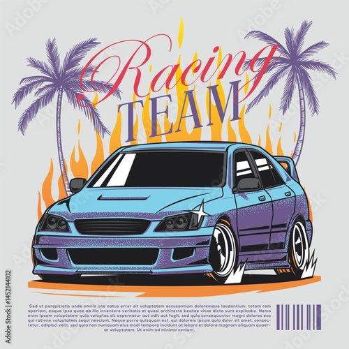 Racing club vector t-shirt print design. Car print design for t-shirt Street Wear and Urban Style print, poster, sticker, Vintage college style typography slogan, American racing club t shirt print