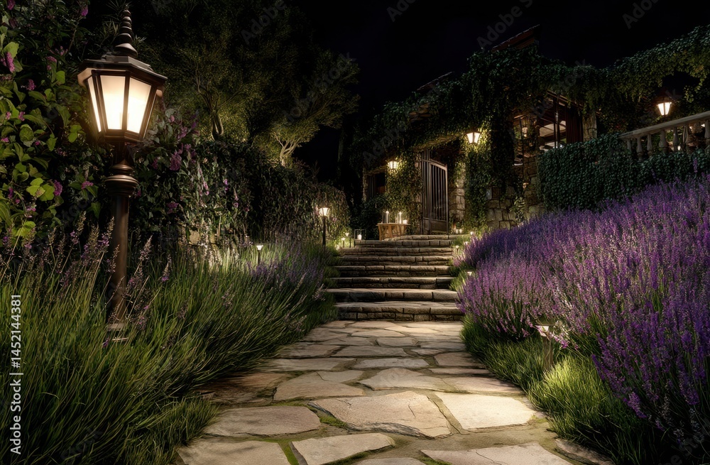 Fototapeta premium Night Garden Path Illuminates Stone Steps & Lavender, Creating Tranquil Ambiance with Soft Lighting.