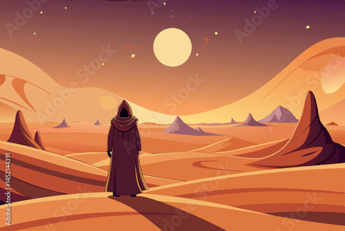 A mysterious traveler stands alone in a barren desert landscape, looking at a surreal sunset with multiple planets in the sky, creating an epic sci fi scene