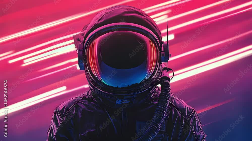 Astronaut in Retro Futuristic Spacesuit Against Vibrant Neon Lights Background