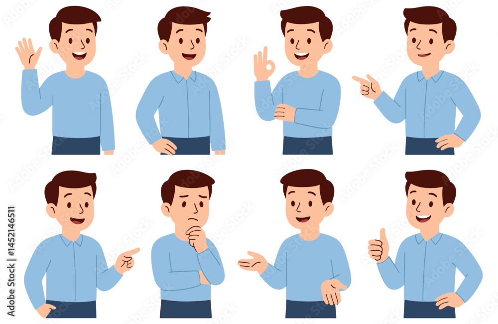 Cheerful cartoon character with various expressions showcasing positive reactions and a thoughtful pose. Cheerful cartoon character with various expressions showcasing positive reactions and a thoughtful pose.