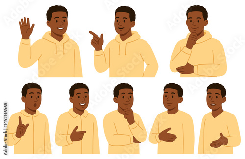 Diversity of expression displayed by a confident young man in various poses and with diverse gestures