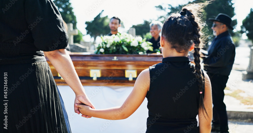 Φωτογραφία Holding hands, funeral and family in graveyard, girl and parent with compassion, comfort and grief