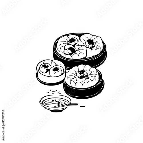 Monochromatic illustration of stacked traditional dim sum baskets and sauce