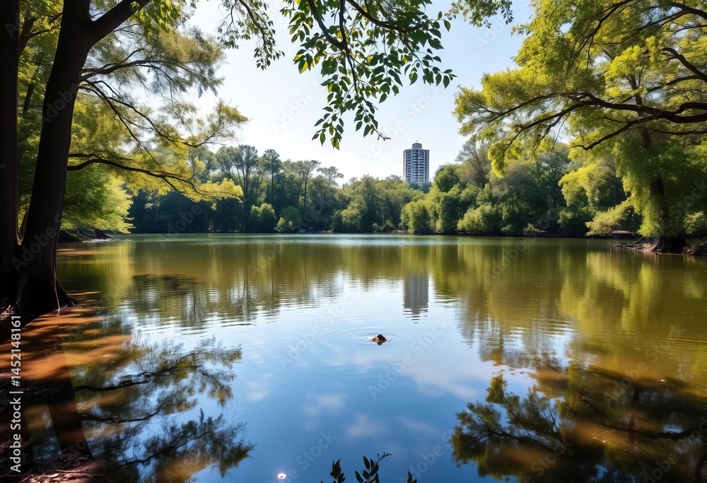Fototapeta premium Serene, sun-dappled view of Piney Z Lake, Tallahassee, Florida, landscape, sky