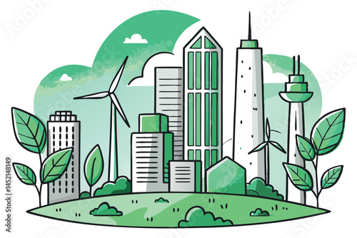 Eco friendly cityscape featuring green skyscrapers, wind turbines, and lush greenery, showcasing sustainability in urban design and architecture