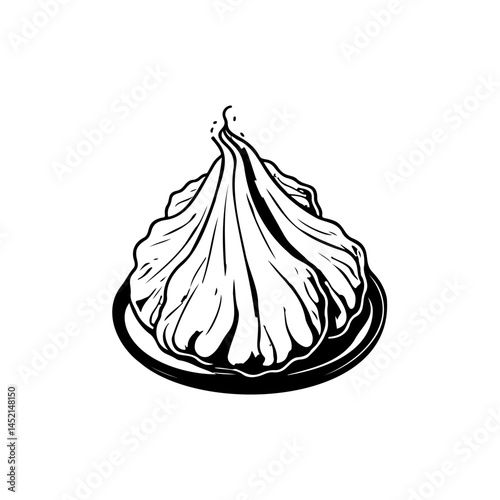 Monochrome garlic bulb rendering on a plate evokes minimalist cuisine illustration