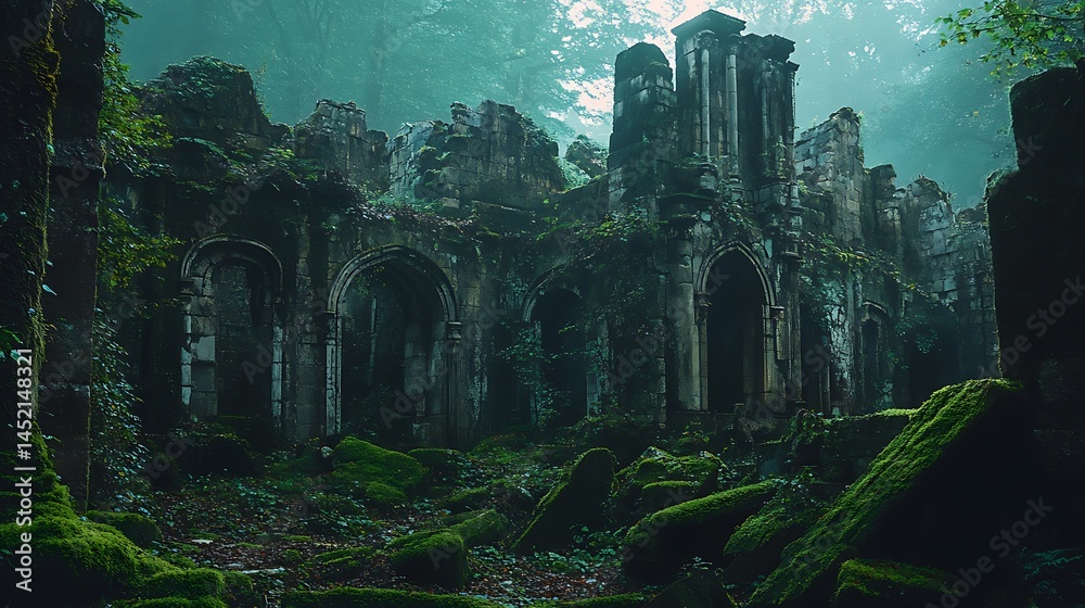 Exploring Old Ruined Building Covered in Moss in Forest Exploring Old Ruined Building Covered in Moss in Forest