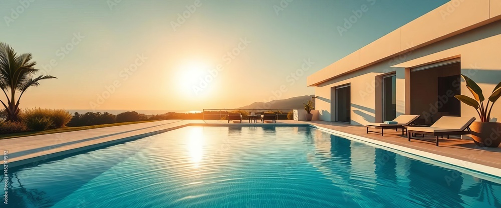 Fototapeta premium Sun-drenched minimalist home, expansive pool view, design, white