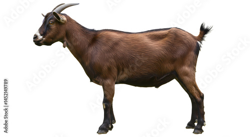 A brown goat stands sideways, its horns arching backward, gazing left with a thoughtful demeanor on a dark background. Farm animal portrait