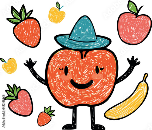 Smiling Apple and Fruit Friends Doodle