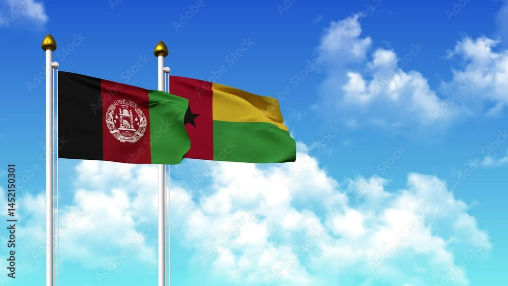 Waving flags of AFGHANISTAN and GUINEA-BISSAU on pole included with alpha channel Waving flags of AFGHANISTAN and GUINEA-BISSAU on pole included with alpha channel