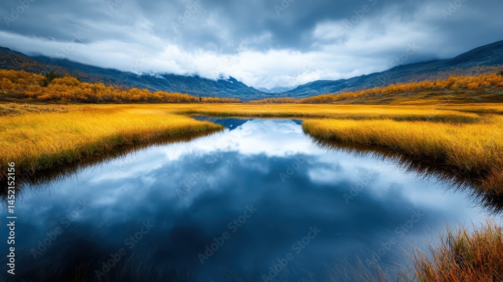 A stunning view of a vast landscape featuring golden grasses under a dramatic sky, creating tranquil reflections that inspire feelings of wonder and peace in nature. A stunning view of a vast landscape featuring golden grasses under a dramatic sky, creating tranquil reflections that inspire feelings of wonder and peace in nature.