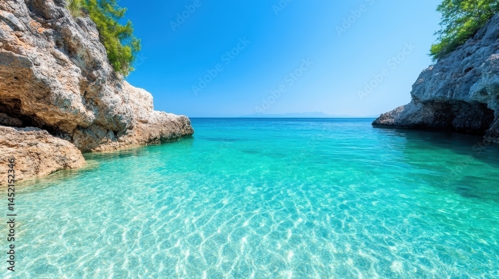 A serene beach cove featuring crystal clear turquoise waters, surrounded by rugged cliffs and lush greenery, ideal for relaxation and nature lovers’ getaway experiences.