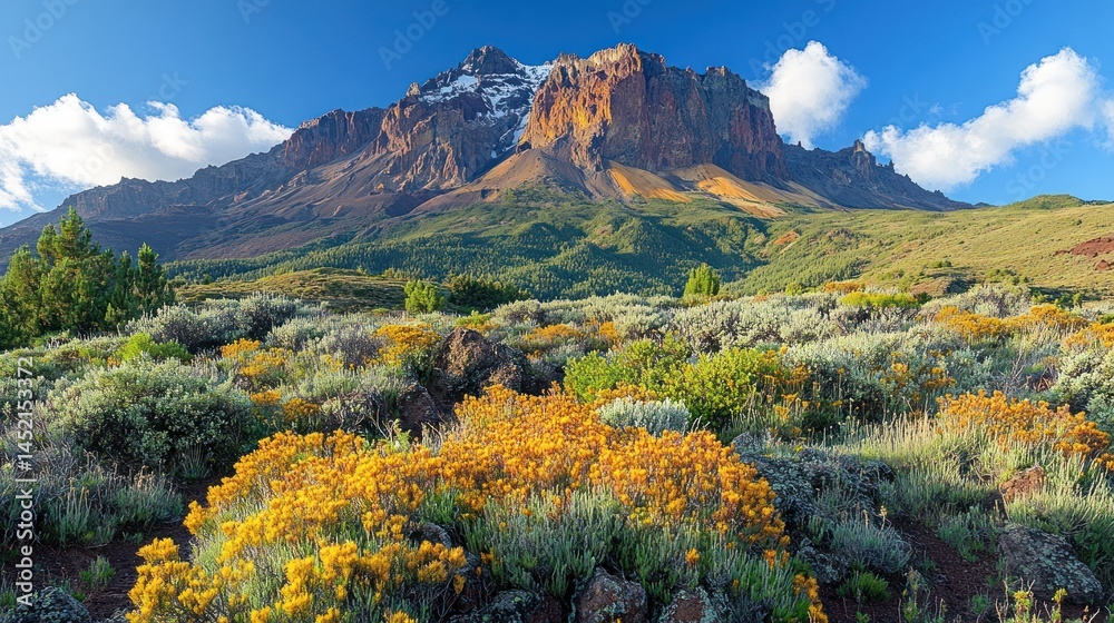 Obraz premium Majestic mountain peak with wildflowers in foreground under a blue sky with clouds.