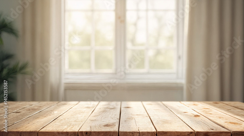 Empty wood table top with window curtain abstract blur background for product display