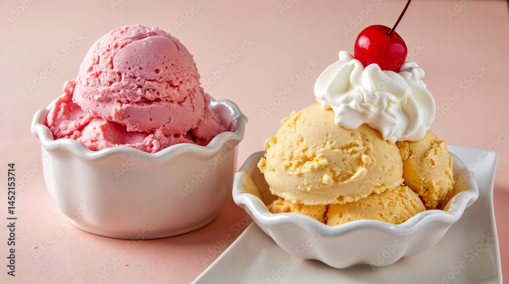 Ice cream scoops with cherry and whipped cream Ice cream scoops with cherry and whipped cream