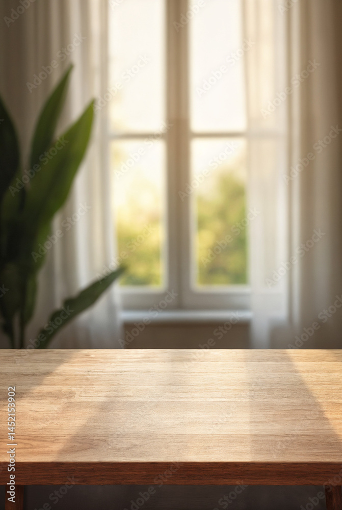 Empty wood table top with window curtain abstract blur background for product display Empty wood table top with window curtain abstract blur background for product display