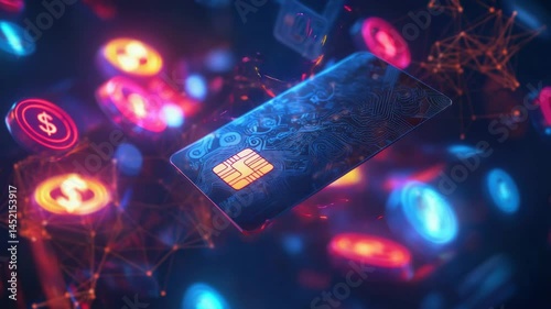 Digital credit card surrounded by glowing financial icons and networks.