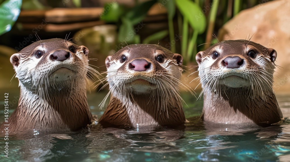 Fototapeta premium Three curious otters exploring their watery habitat, each with a unique and inquisitive expression, captured in a lively and engaging photograph.