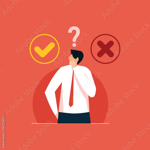 Business person Making tough business choices, standing between right and wrong, Deciding between true and false