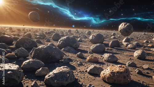 A vast alien landscape with numerous rocks under the light of a distant sun, with a nebula.