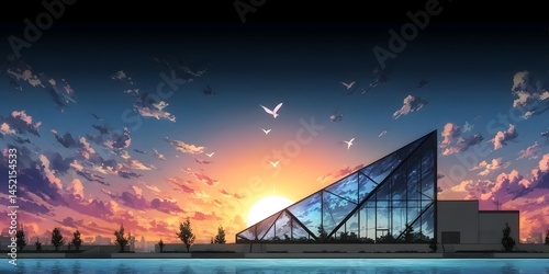Modern Architecture Sunset: A striking modern building with a glass facade, shaped like a pyramid, stands silhouetted against a vibrant sunset. Birds fly in the sky.