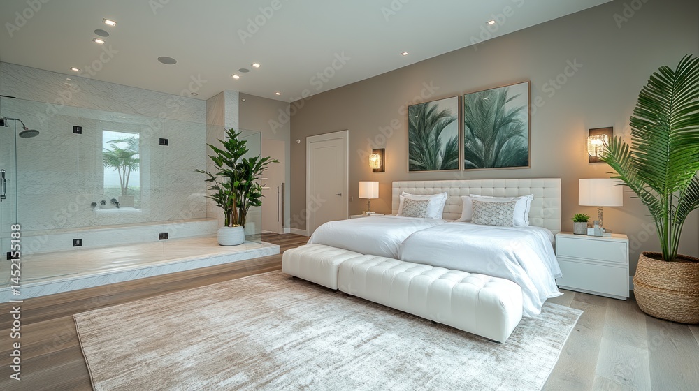 Fototapeta premium Luxurious master bedroom suite with ensuite bathroom, featuring a king-size bed, plush rug, and walk-in shower.