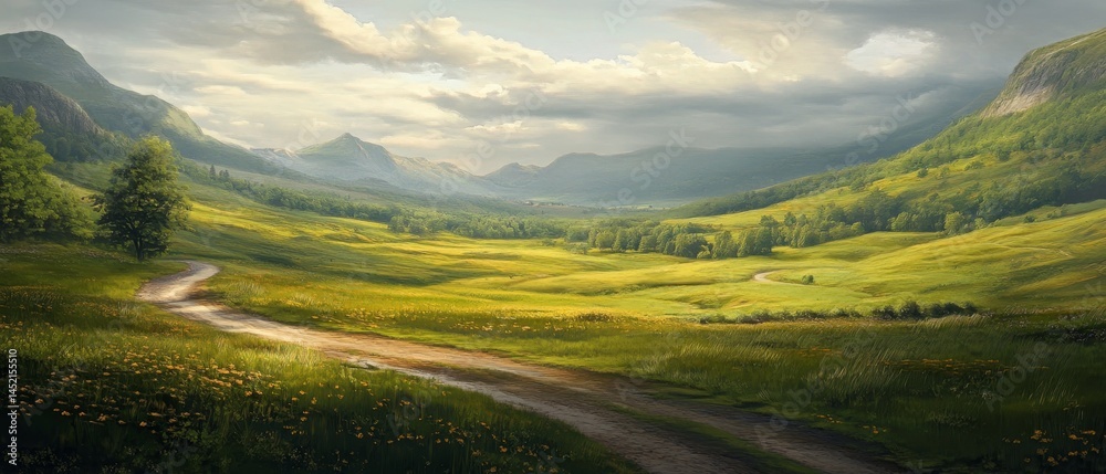 A beautiful landscape with a road running through it