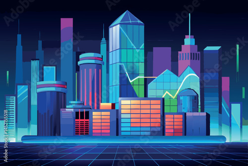 Dynamic futuristic skyline with glowing skyscrapers and financial district lights, highlighting innovation and growth in the city