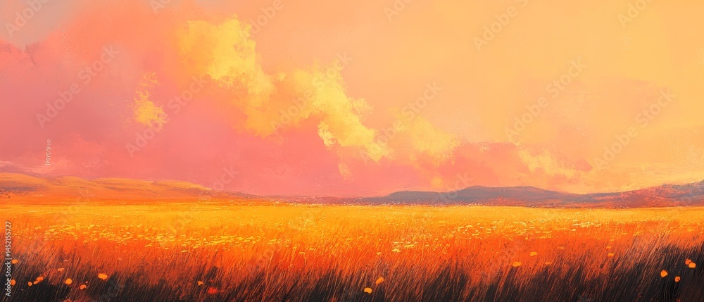 A painting of a field with a cloudy sky and a few flowers