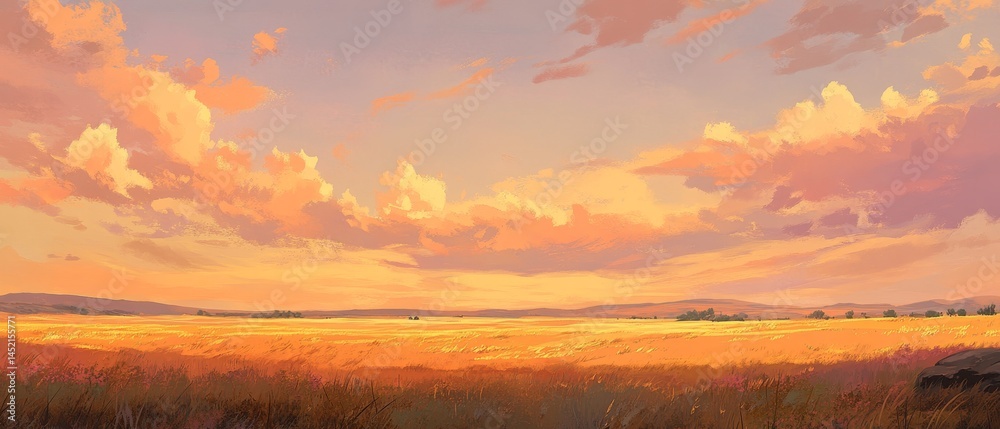A painting of a field with a cloudy sky and a few trees