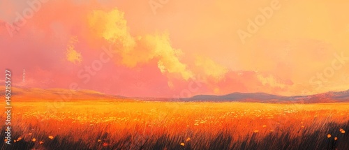 Obraz na płótnie A painting of a field with a cloudy sky and a few flowers w salonie