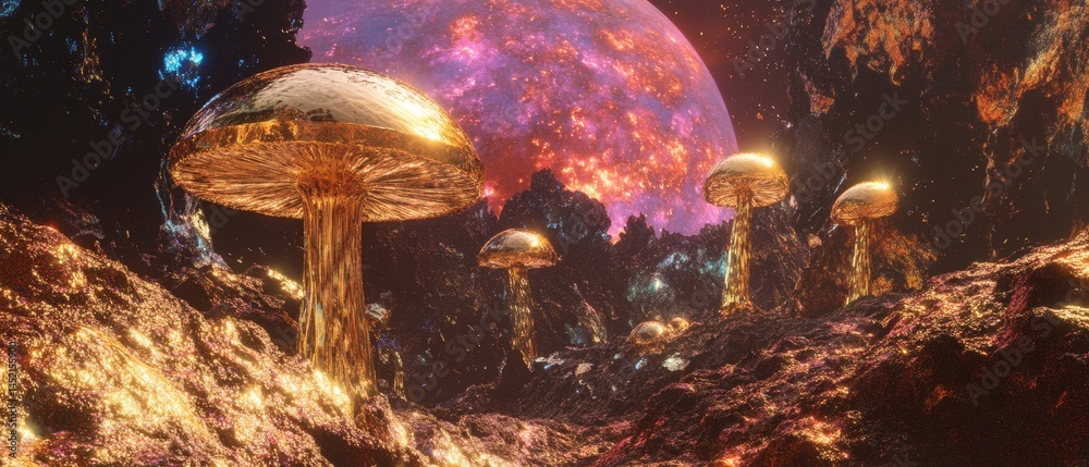 A group of gold mushrooms are growing on a rocky surface