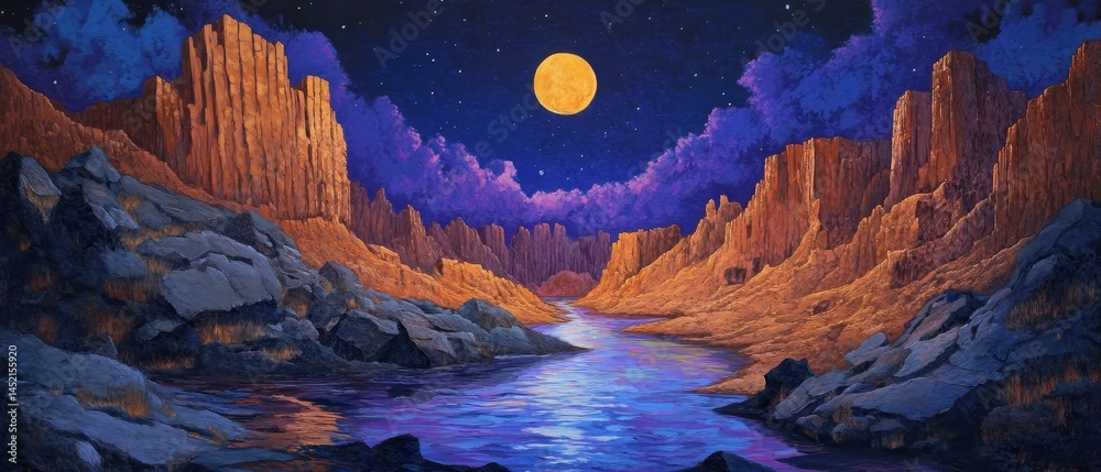 A painting of a river with a large moon in the sky