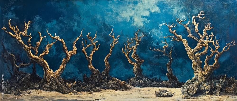 A painting of a forest with trees in the foreground and background