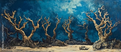 Obraz na płótnie A painting of a forest with trees in the foreground and background w salonie