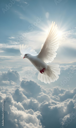 Soaring white dove embraces radiant skies freedom serenity celestial ascension spiritual journey hope