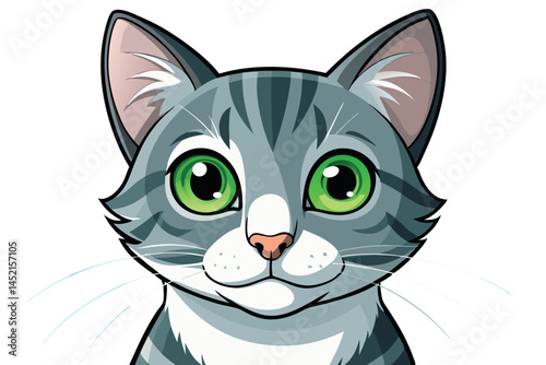 Adorable gray tabby cat with bright green eyes, perfect for animal lovers and cat themed designs
