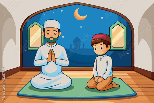 Father and son praying together in traditional attire during Islamic prayer in a home setting with a peaceful night background