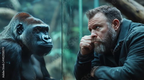 A man engages in a profound gaze with a gorilla at the zoo, highlighting a moment of connection between humans and animals, filled with contemplation and mutual understanding.