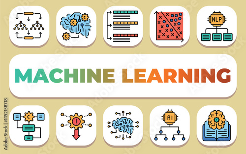 Machine learning text concept. Shablon for presentation and Infographics.