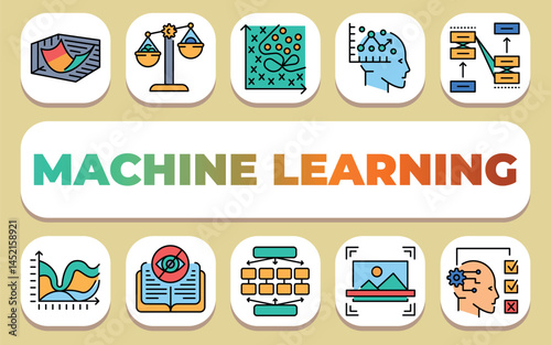Machine learning text concept. Shablon for presentation and Infographics.