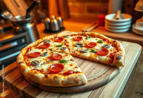 Wallpaper Mural New York-Style pizza on wooden cutting board in rustic kitchen Torontodigital.ca