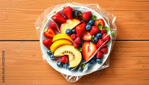Plate of fresh fruits and berries with plastic food wrap on wooden table, flat lay. Space for text, hand-drawn digital illustration. with white shades