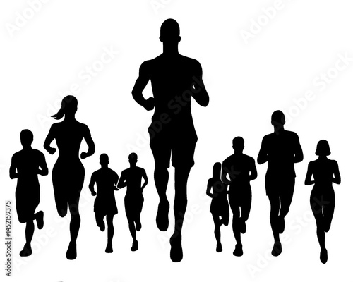 Silhouette of crowd of young people running, morning jogging, isolated icon on white background.	