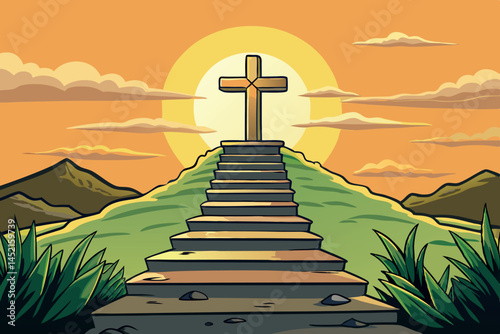 Pathway of stone steps leading to a cross at the top of a hill, with a vibrant golden sunset and mountains in the background